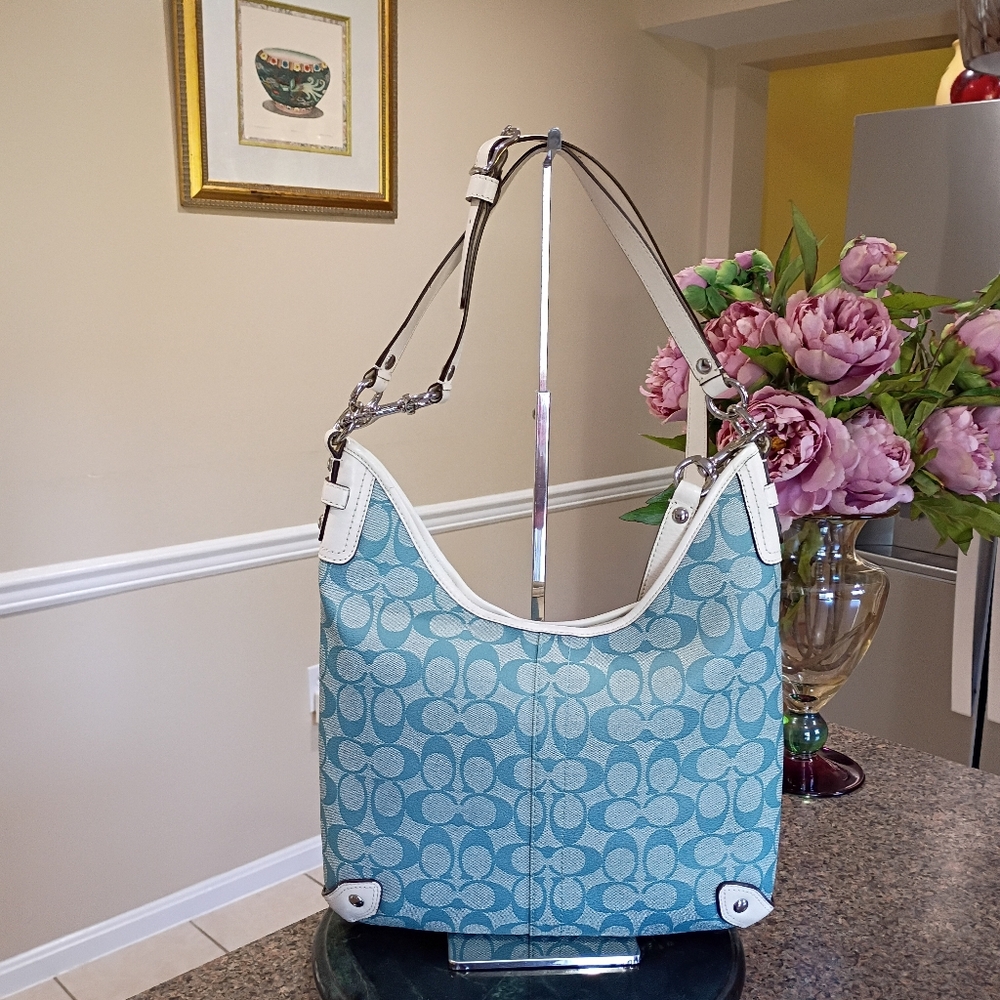 COACH SIGNATURE STRIPED CHELSEA HOBO BAG – BLUE/WHITE NO. F14476 - Picture 4 of 17